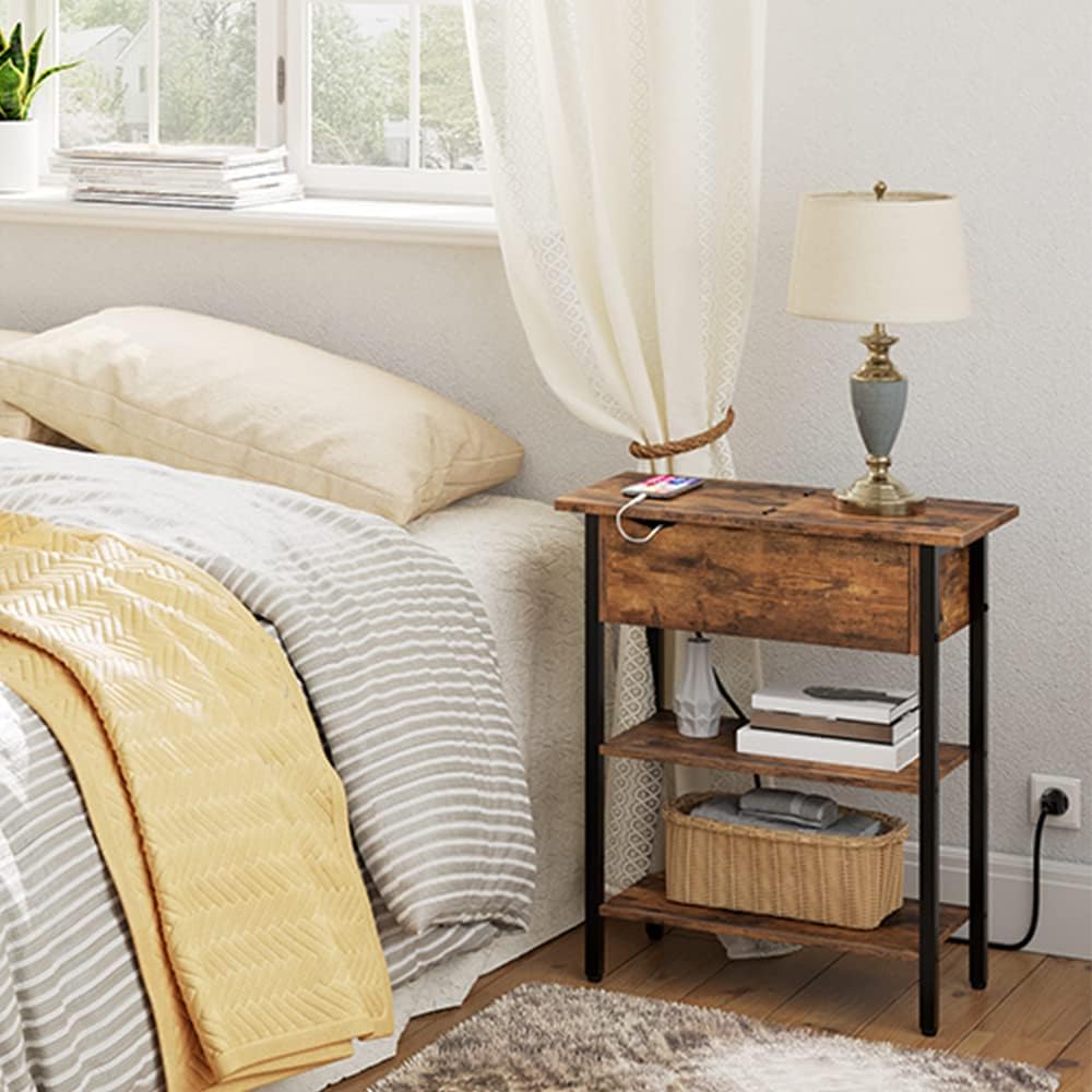 NeoStyle Side Table with Charging Station, Nightstand with USB Ports and Outlets,Flip Top Open Narrow Sofa End Table with Storage Shelf for Living Room, Bedroom