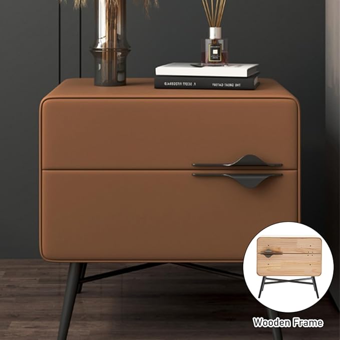 Modern Leather Nightstand with 2 Drawers & Metal Legs Stylish, Bedside Table for Bedroom and Living Room - Gray C-GCC Home Center