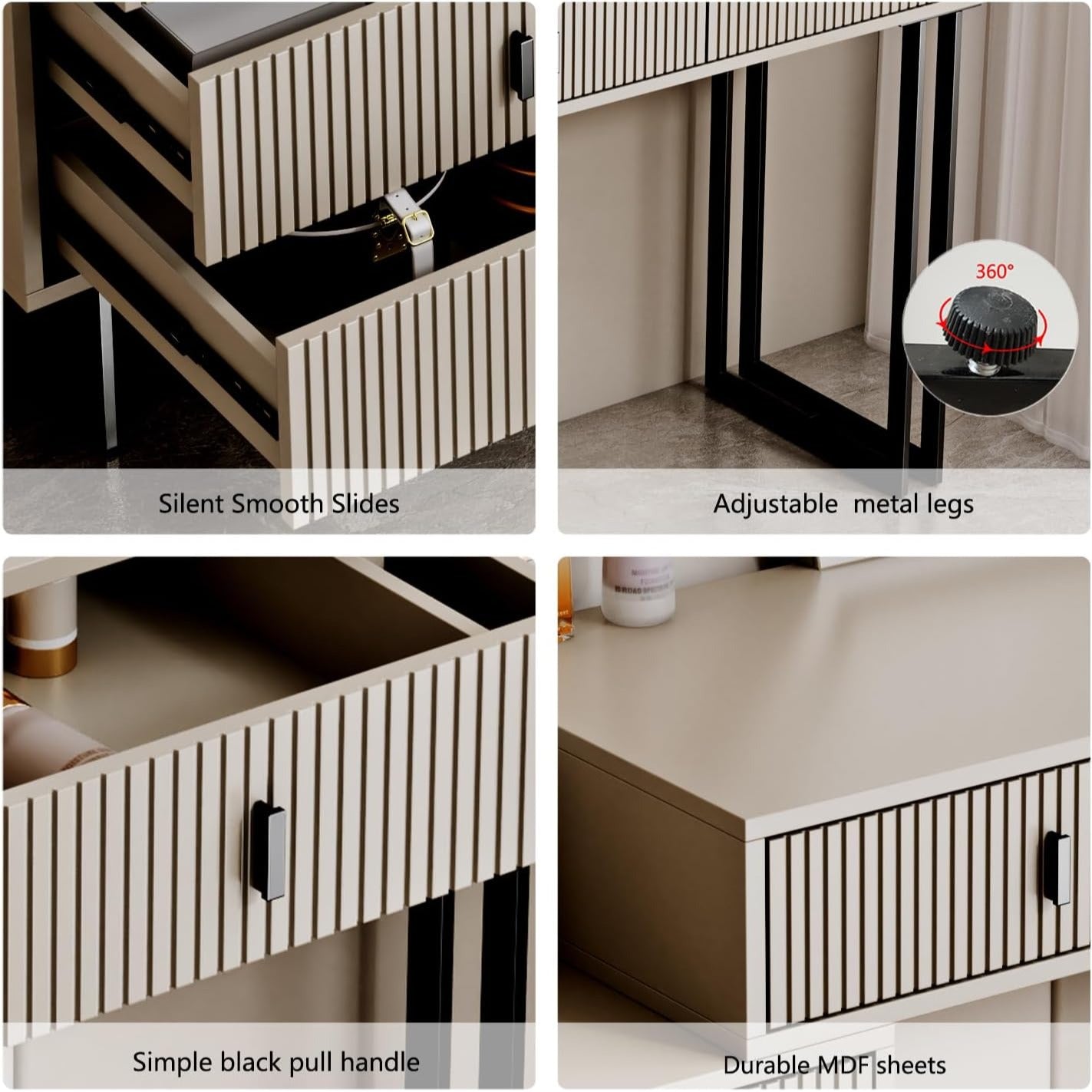 Modern Beige Vanity Desk with Wavy LED Mirror, Drawers, and Storage - Perfect for Makeup, Study, and Consoles-GCC Home Center