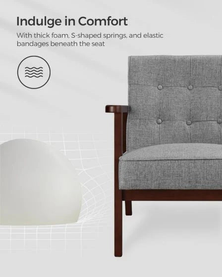 Modern Lounge Wooden Sofa Chair with Solid Wood Armrests and Legs Single Seat Cushioned Sofa Grey for Home, Living Room-GCC Home Center