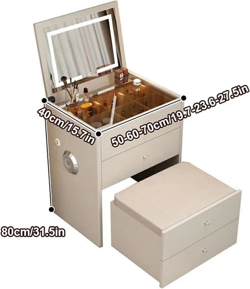 Smart Compact Dressing Vanity Table with LED Mirror, Foldable Bench, and Storage Drawers-GCC Home Center