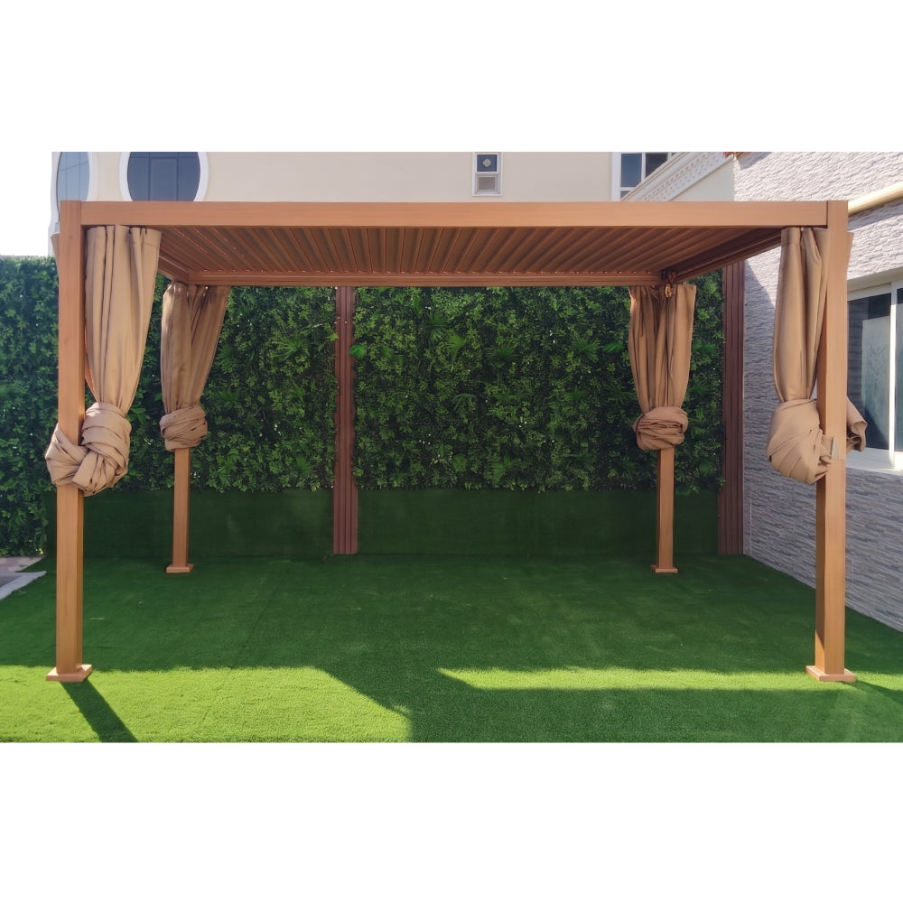 3x4M Aluminum Louver Pergola with Manual Adjustable Roof, Curtains & Mosquito Net | Wood Finish Outdoor Gazebo for Garden, Patio & Terrace