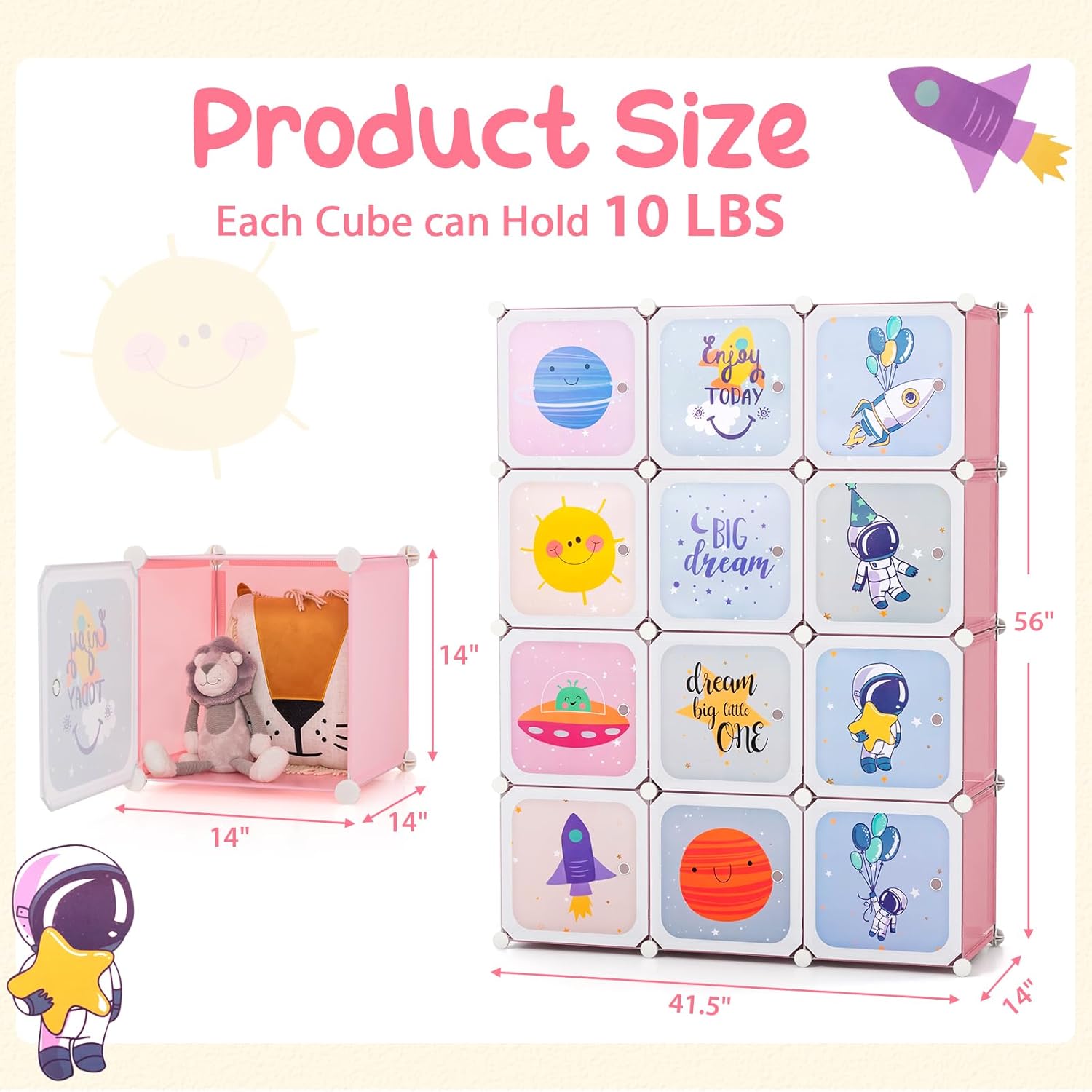 INFANS Children Wardrobe, Kid Closet Portable Baby Dresser Cute for Kids Bedroom Nursery Armoire with Doors 12 Cube 2 Hanging Sections, Kid Clothes Storage Organizer (Pink, 12 Cubes)-GCC Home Center