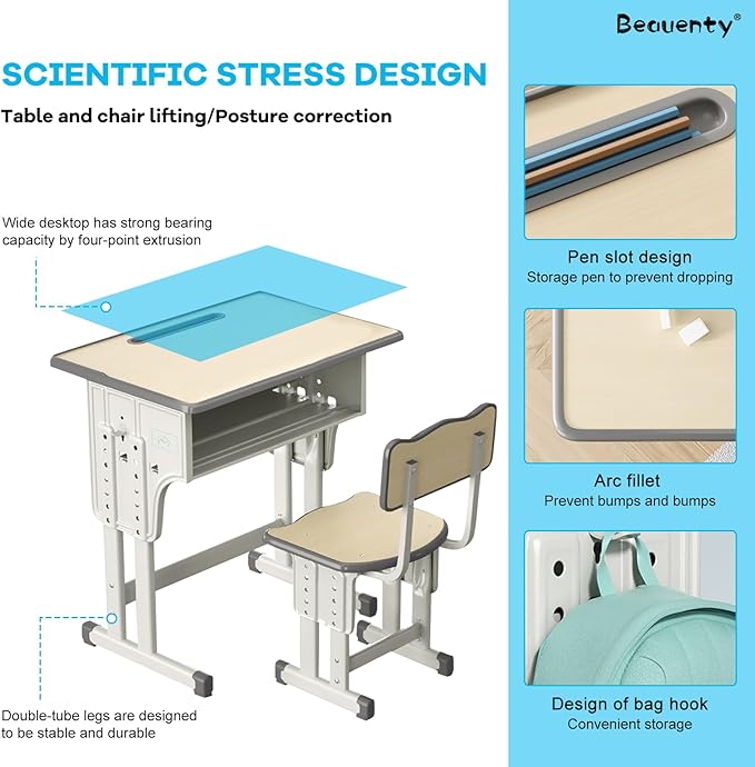 Adjustable Height Kids Desk and Chair Set With Large-Capacity Drawer