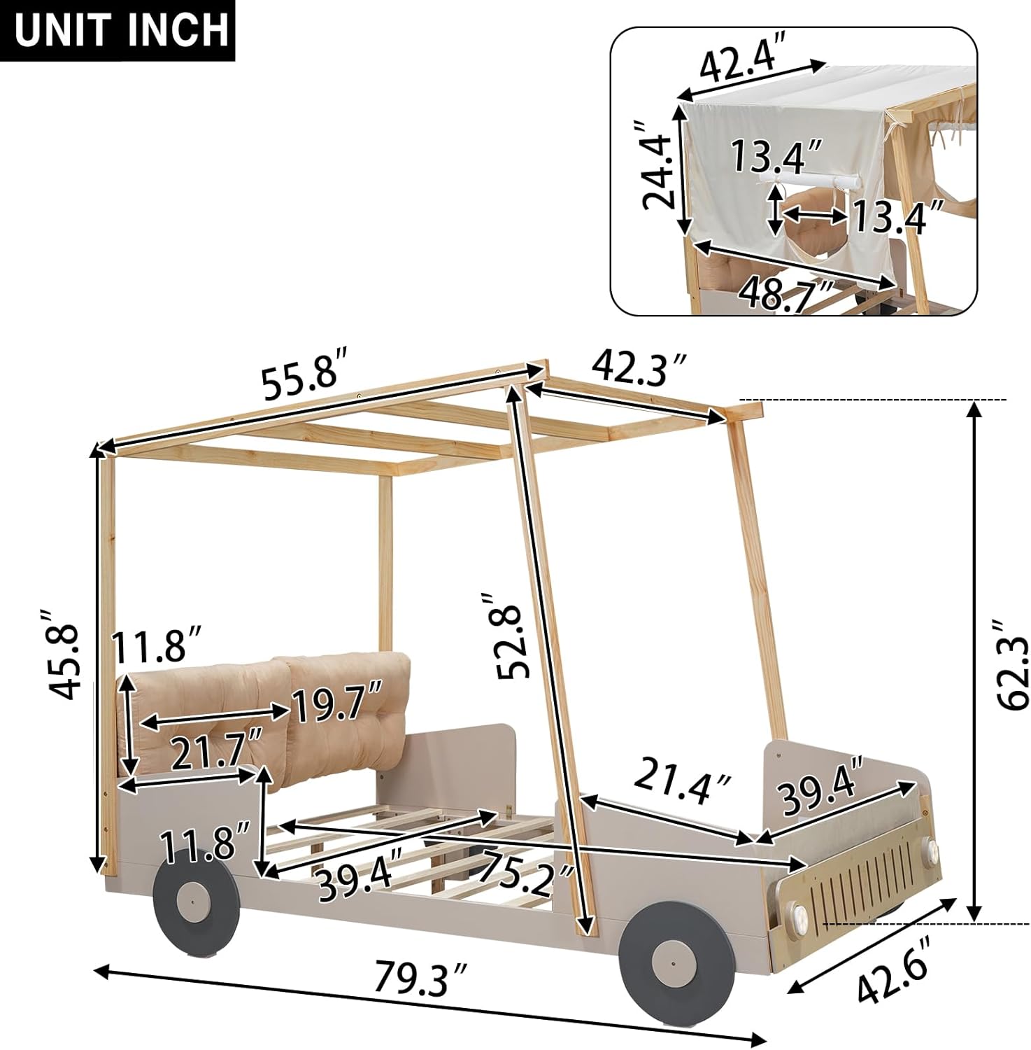 Twin Size kid Car Bed with Pillow & Car Headlights Shaped LED Light,Wood Kid Bed Frame W/Ceiling Cloth & Magazine Holder,Toy Bedroom Furniture for Boys Toddlers Child,Natural