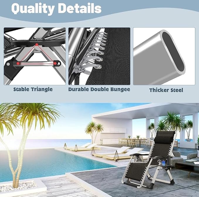 Adjustable Zero Gravity Recliner Chair – Folding Steel Mesh Lounge Chair with Pillow & Cup Holder, Portable Outdoor & Indoor - Black-GCC Home Center