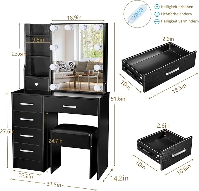 Dressing Table with LED Lights, Vanity Table with Adjustable Brightness Mirror-GCC Home Center