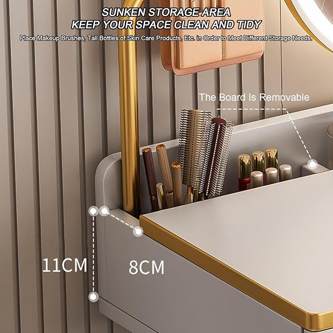 Makeup Vanity Table Dressing Table Vanity Desk with Round Mirror, White-GCC Home Center