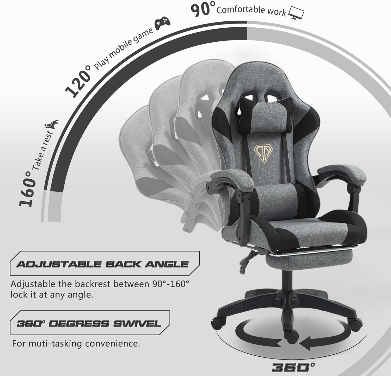 Wemart Gaming Chair, Computer Chair with Fabric?Office Chair with Armrest & Adjustable Seat, Ergonomic Video Game Chair with Neck and Massage Lumbar Support (grey)-GCC Home Center