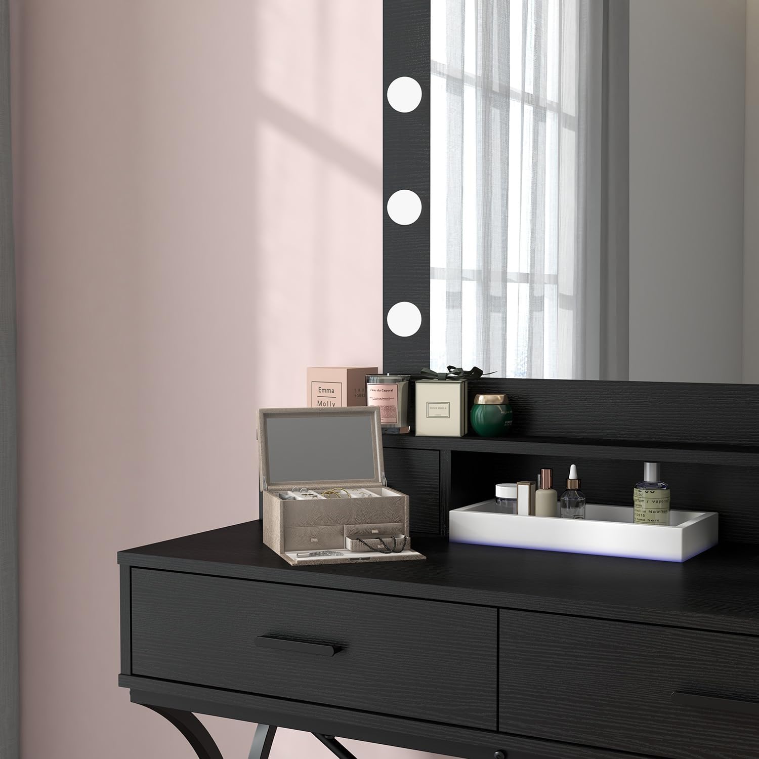 Vanity Table with Lighted Mirror, Modern Makeup Vanity Table with 10 Lights Makeup Desk 4 drawer Storage-GCC Home Center