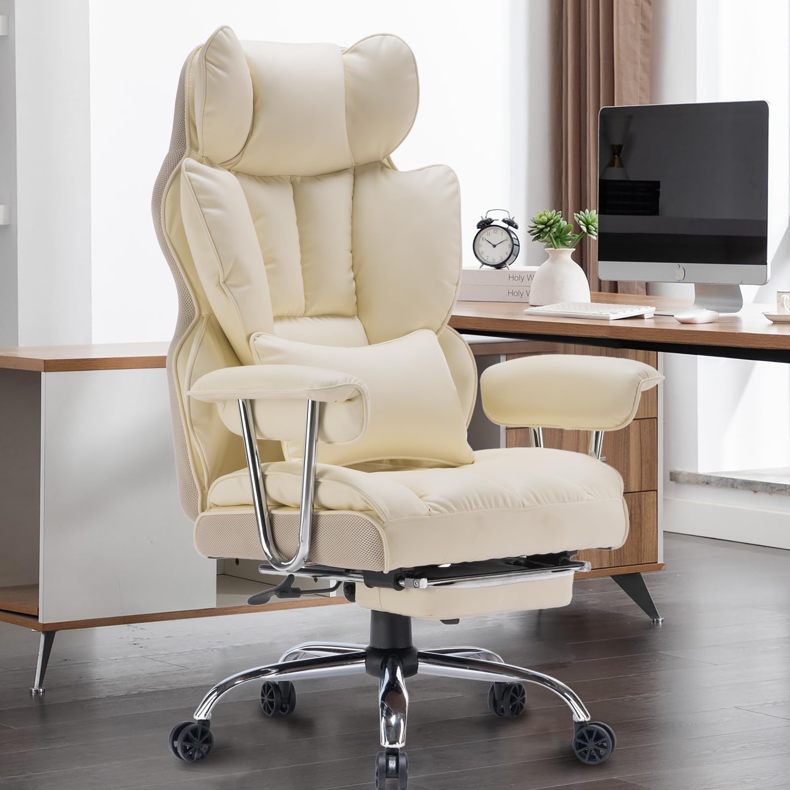 Efomao Big and Tall Office Chair 400lbs – PU Leather Executive Desk Chair with Lumbar Support & Leg Rest, Heavy-Duty Computer Chairs for Home Office, Green