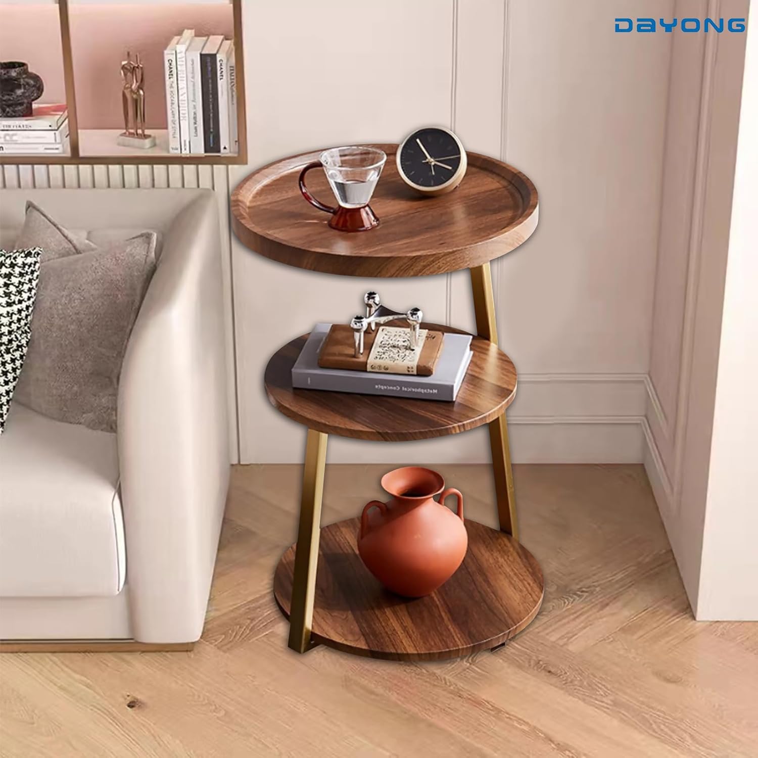 DAYONG 3-Tier End Table, Sofa Side Table, Movable Nightstand, Modern Corner Table, Tea Cabinet for Living Room, Bedroom, Office & Balcony, Easy to Assemble (Gold Frame)