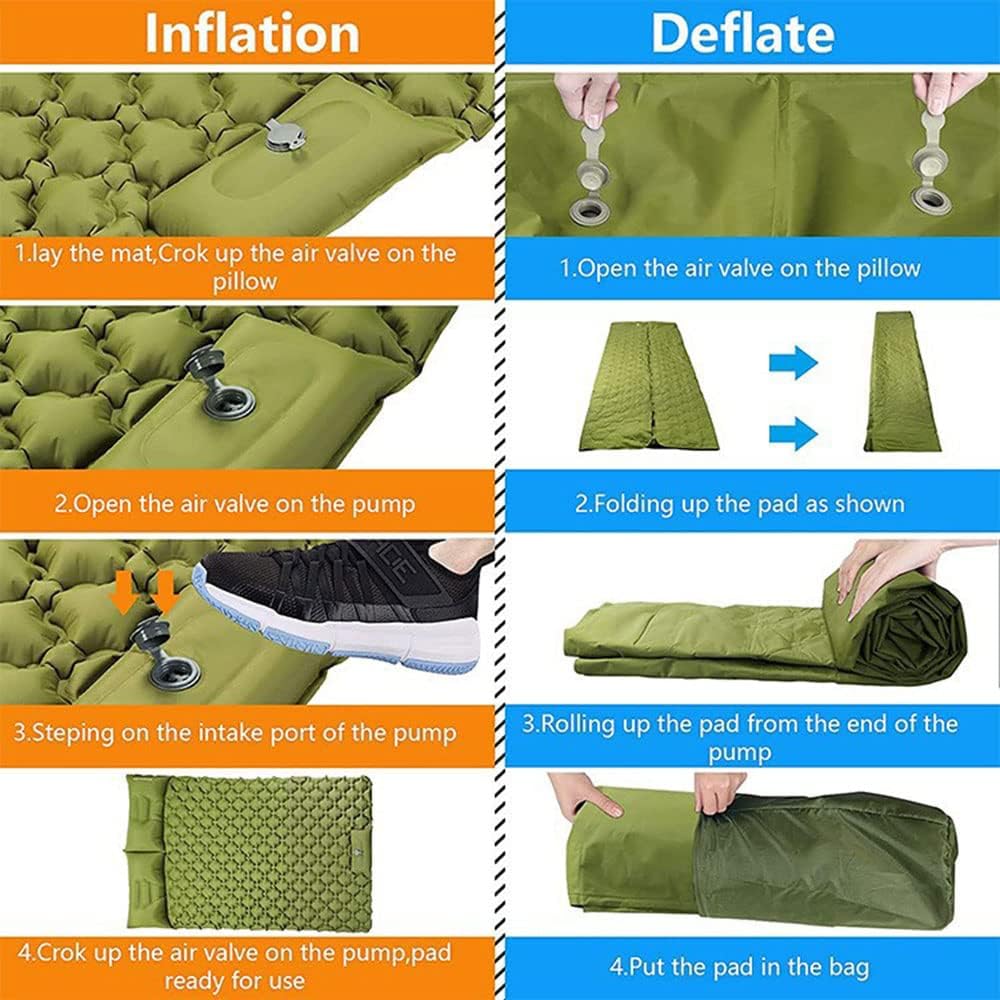 COOLBABY Double Camping Sleeping Pad, Inflatable Camping Pad Foot Press Ultralight 2 Person Camping Mat with Pillow for Camping Hiking Traveling,Army Yellow