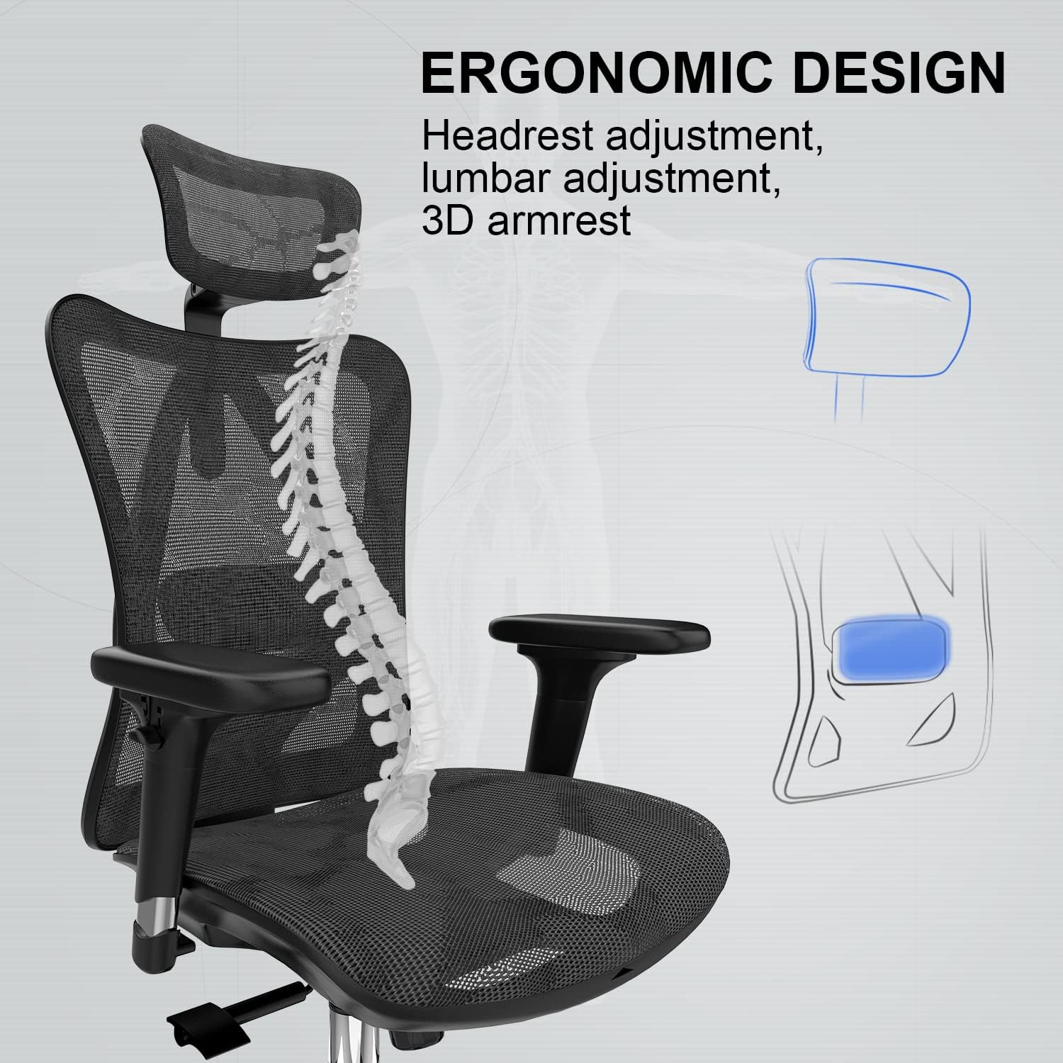 High Back Ergonomic Mesh Chair with 3D Armrests and Lumbar Support, Adjustable Height, with Caster Wheel (Black)-GCC Home Center