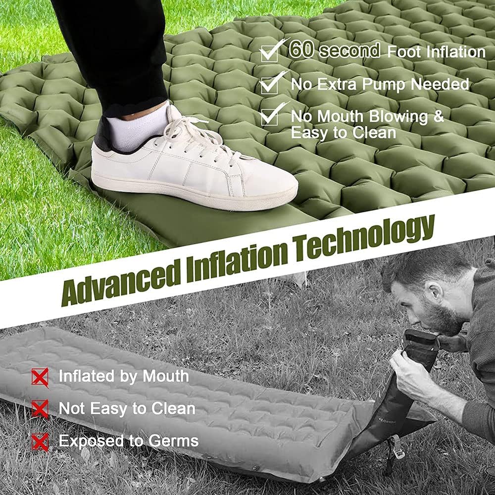 COOLBABY Double Camping Sleeping Pad, Inflatable Camping Pad Foot Press Ultralight 2 Person Camping Mat with Pillow for Camping Hiking Traveling,Army Yellow