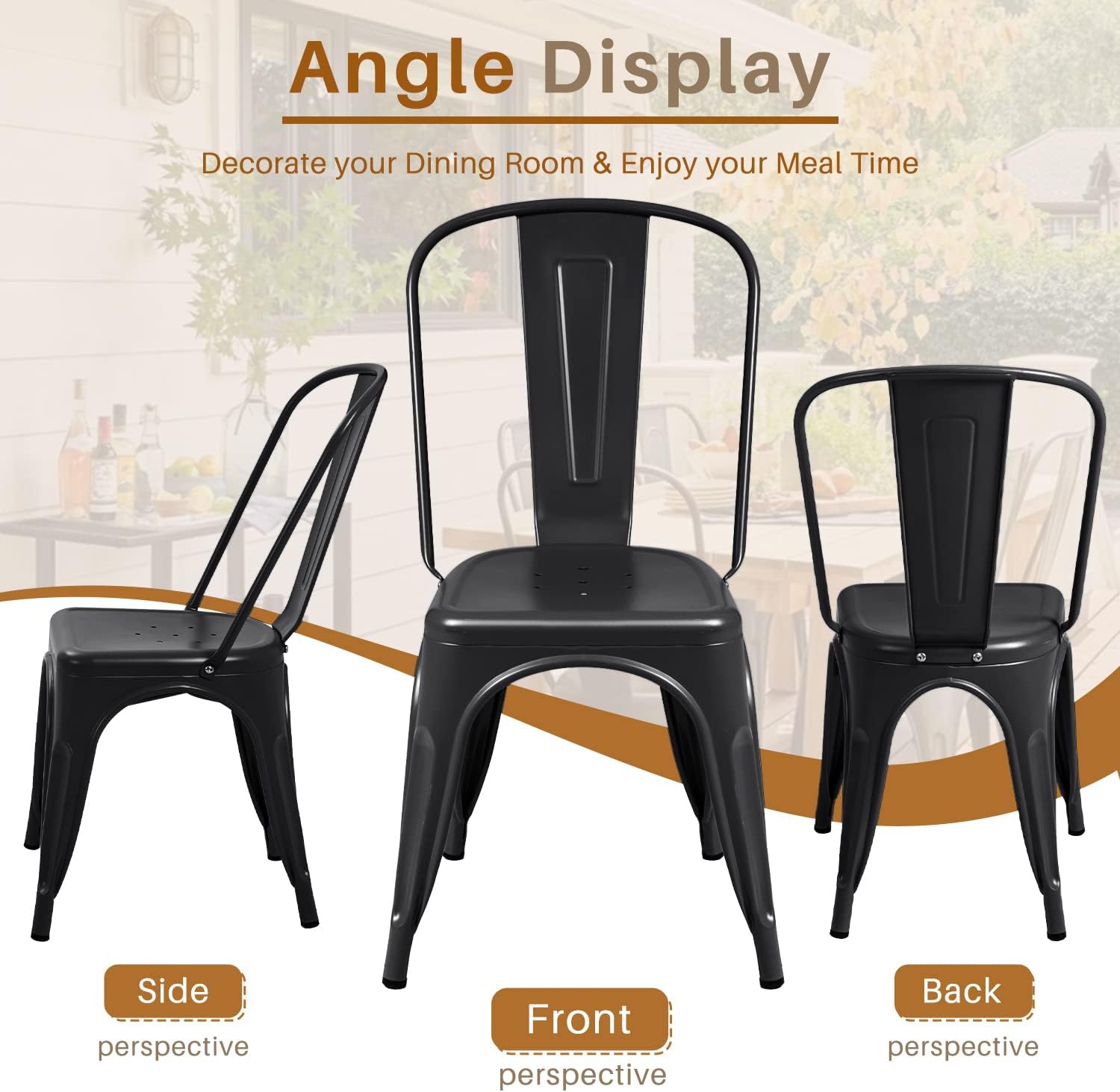 Furmax Indoor-Outdoor Use Stackable Classic Trattoria Chic Dining Bistro Cafe Side Metal Chairs Set of 4 (Black)