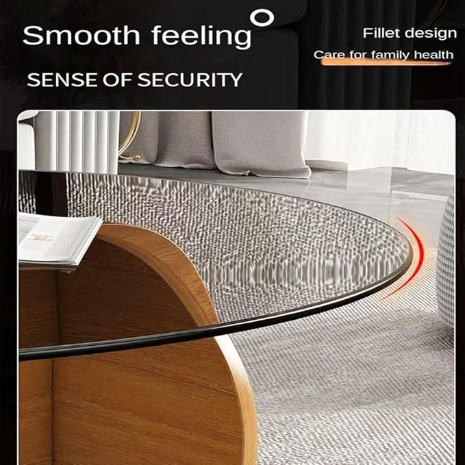 Modern Round Coffee Table with Solid Wood Legs and Rustic Circle Center Cocktail Table with Tempered Glass-Top-GCC Home Center