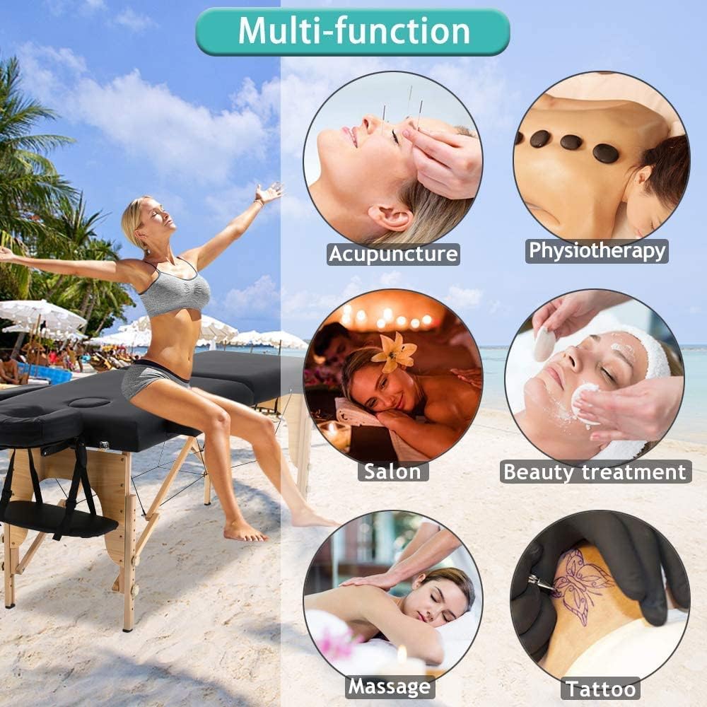 COOLBABY Professional Portable Massage Table Professional Adjustable Folding Bed with 3-part Wooden Frame Ergonomic Headrest and Lash Extension Bed,Facial Cradle Salon Bed (Black) KYBJ-302-SRK21