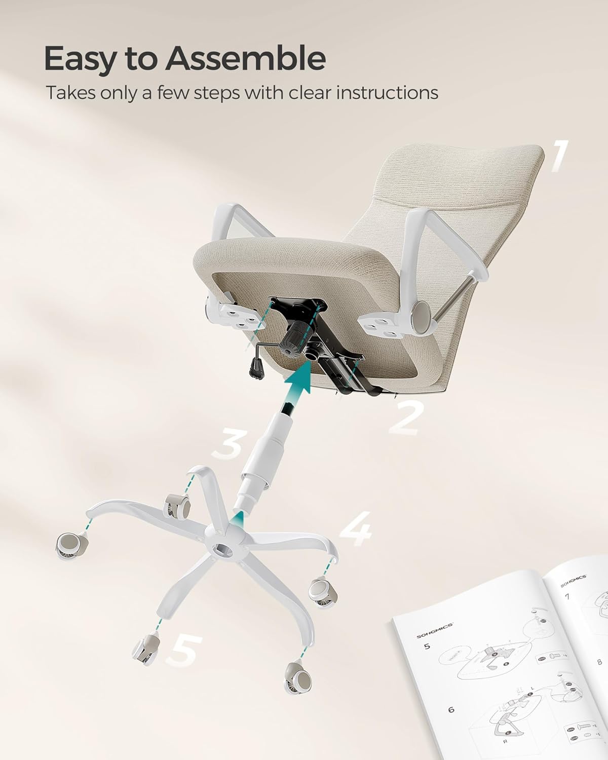 Office Chair, Ergonomic Chair, Swivel Seat, Padded Seat, Adjustable Height and Recliner, Load Capacity 120 kg, Cappuccino Beige