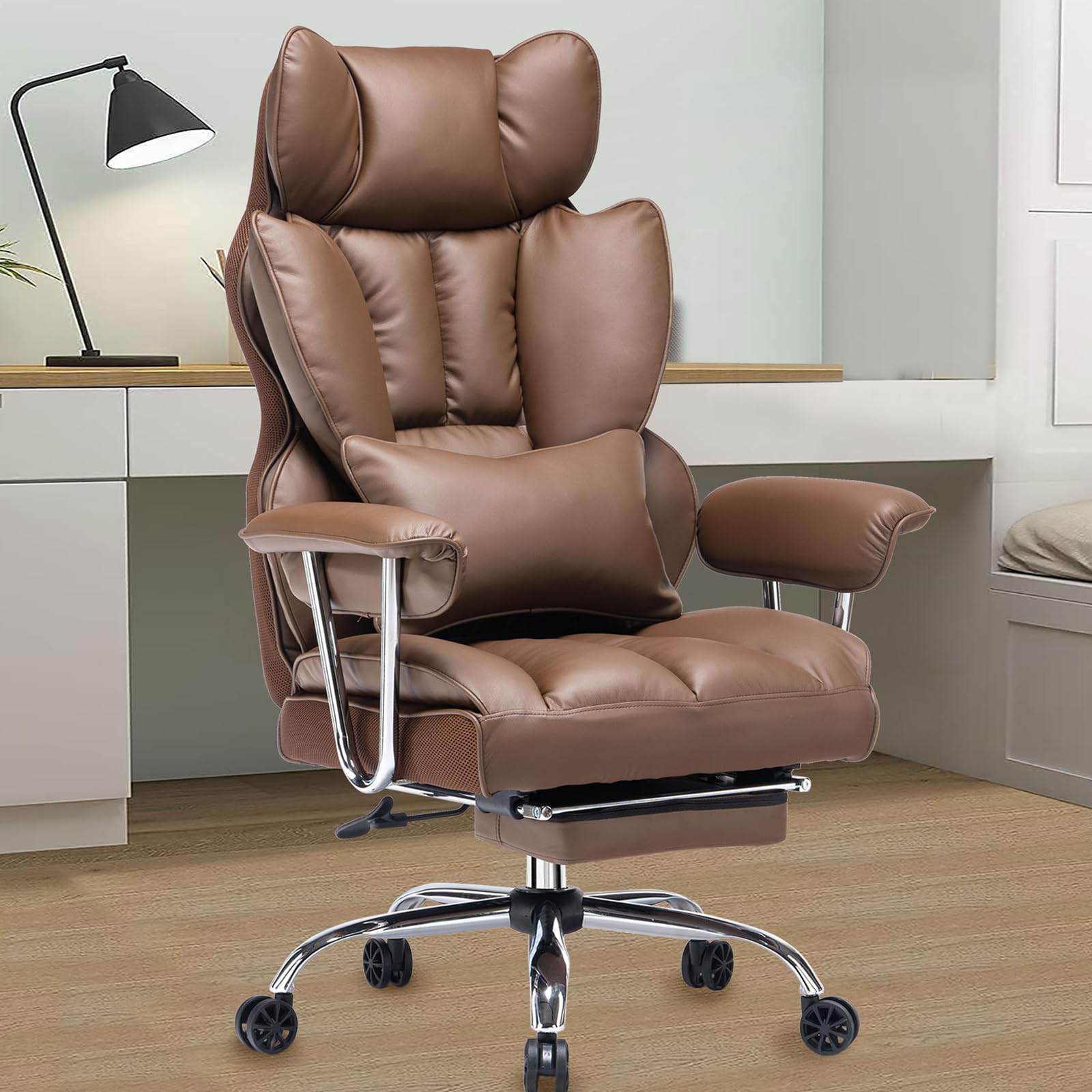 Efomao Big and Tall Office Chair 400lbs – PU Leather Executive Desk Chair with Lumbar Support & Leg Rest, Heavy-Duty Computer Chairs for Home Office, Green