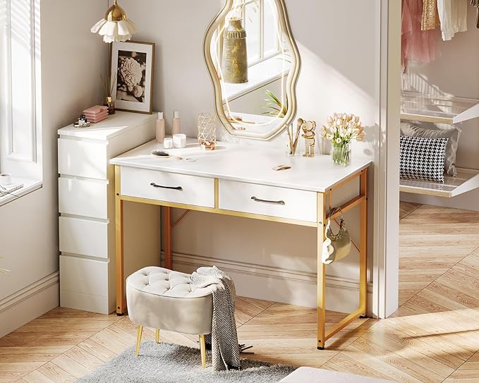 Vanity Desk Without Mirror, Makeup Vanity with 2 Fabric Drawers, White With Gold Legs-GCC Home Center