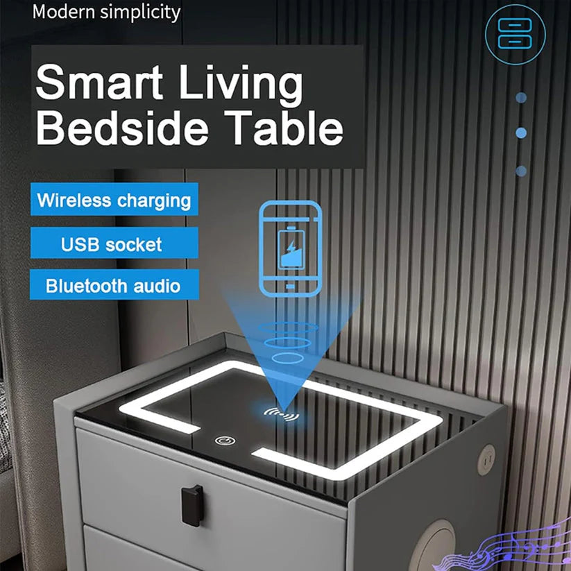 Bedside Table with Three Drawers, Secure Fingerprint Lock Wireless Charging Speaker LED Light-GCC Home Center