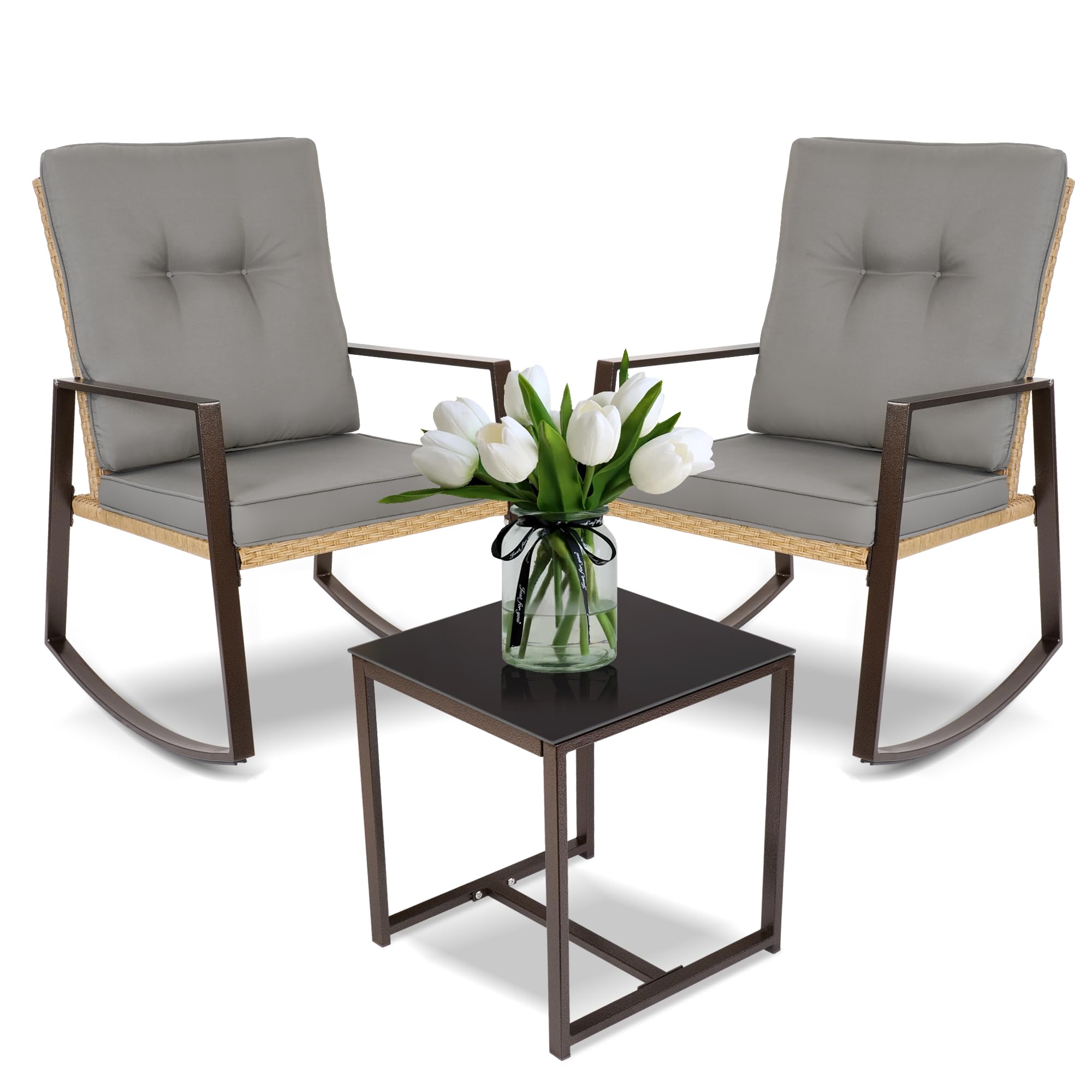 YIYAN 3 Pieces Patio Bistro Set Outdoor Rattan Wicker Rocking Chairs Set,Patio Outdoor Furniture Conversation Sets with Sofa Chairs,Glass Coffee Table and Washable Cushion (Light Beige)