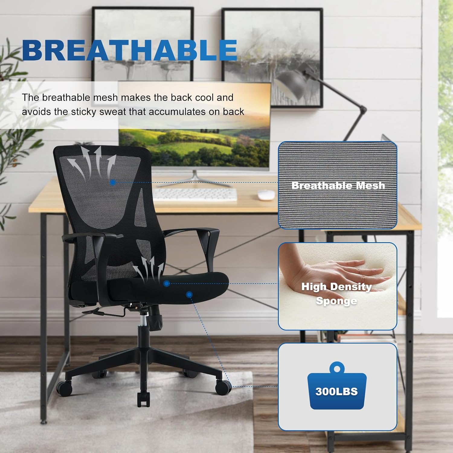 Office Chair Ergonomic Home Office Chair Computer Desk Chairs with Lumbar Support Breathable Mesh Executive Swivel Chair,Black