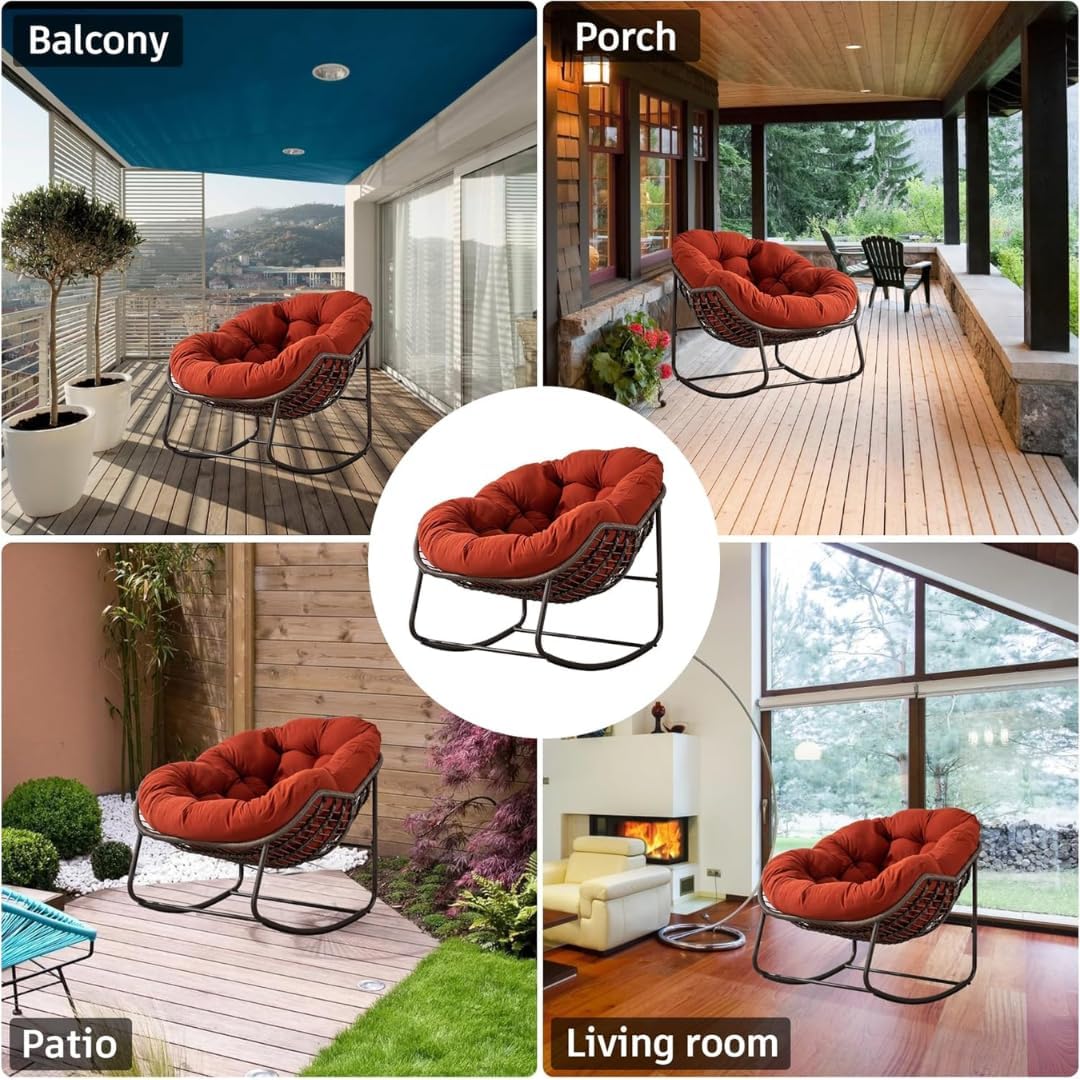 Wooden Twist Large Indoor Outdoor Rocking Chair, Oversized Rocking Papasan Chair with Thick Cushion and Frame Outdoor Rocker, Comfy Wicker Egg Chairs Lounge for Outside Porch Patio (Red)-GCC Home Center