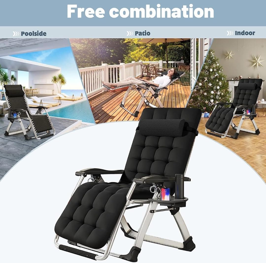 Adjustable Zero Gravity Recliner Chair – Folding Steel Mesh Lounge Chair with Pillow & Cup Holder, Portable Outdoor & Indoor - Black-GCC Home Center
