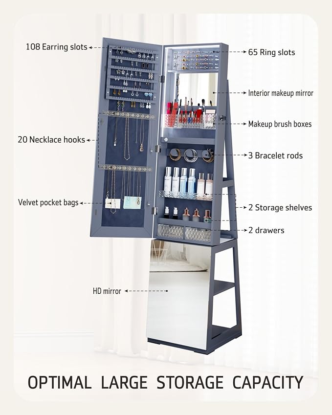 Mirror Jewelry Cabinet with Storage – 360° Swivel Jewelry Armoire, Light And Shelves