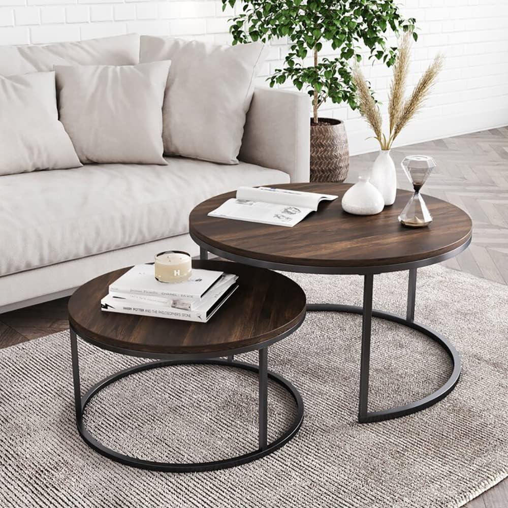 Set of 2 Round Coffee Table with Solid Wood Grain Top and Metal Farm - Rustic Brown & Black Walnut-GCC Home Center