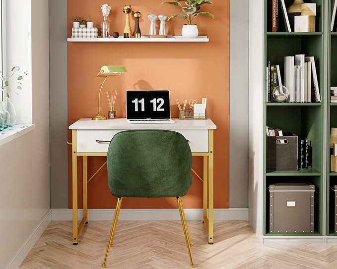 Vanity Desk Without Mirror, Makeup Vanity with 2 Fabric Drawers, White With Gold Legs-GCC Home Center