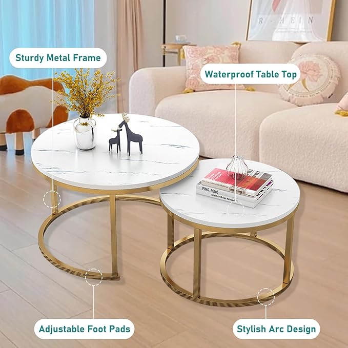 Round Nesting Coffee Table Set of 2 For Living Room - Gold & White-GCC Home Center