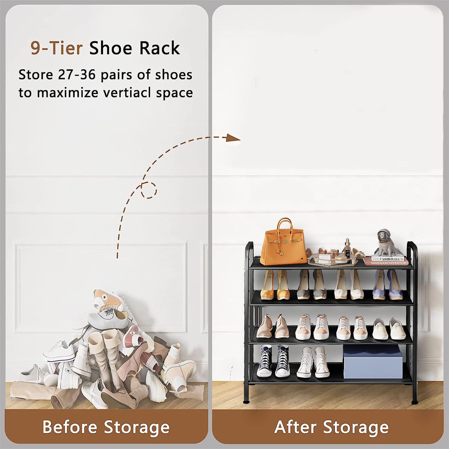 INFOSUN Shoe Rack, Shoes Cabinet Organizer, 4-Tier Shoe Storage with 3 Mesh Shelves, Multi-Function Organizer, Boots Storage Shelf Modern House Furniture Home for Entryway Hallway (Black, 4 Tier)