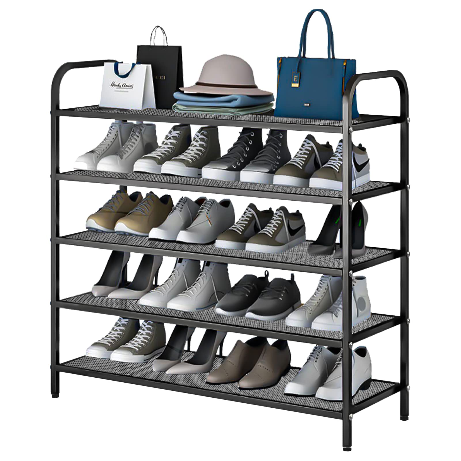 INFOSUN Shoe Rack, Shoes Cabinet Organizer, 4-Tier Shoe Storage with 3 Mesh Shelves, Multi-Function Organizer, Boots Storage Shelf Modern House Furniture Home for Entryway Hallway (Black, 4 Tier)