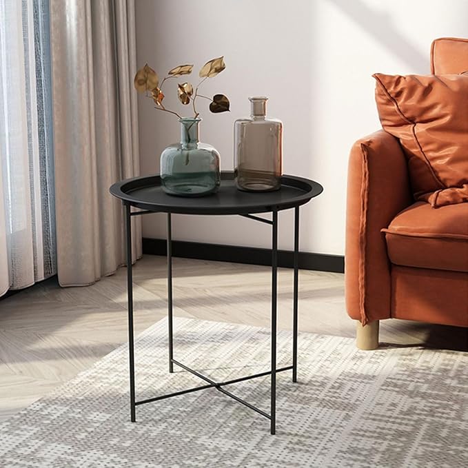 Compact Round Metal Coffee Table – 47×47×51 cm with Tray Top, Foldable Design, Lightweight & Waterproof