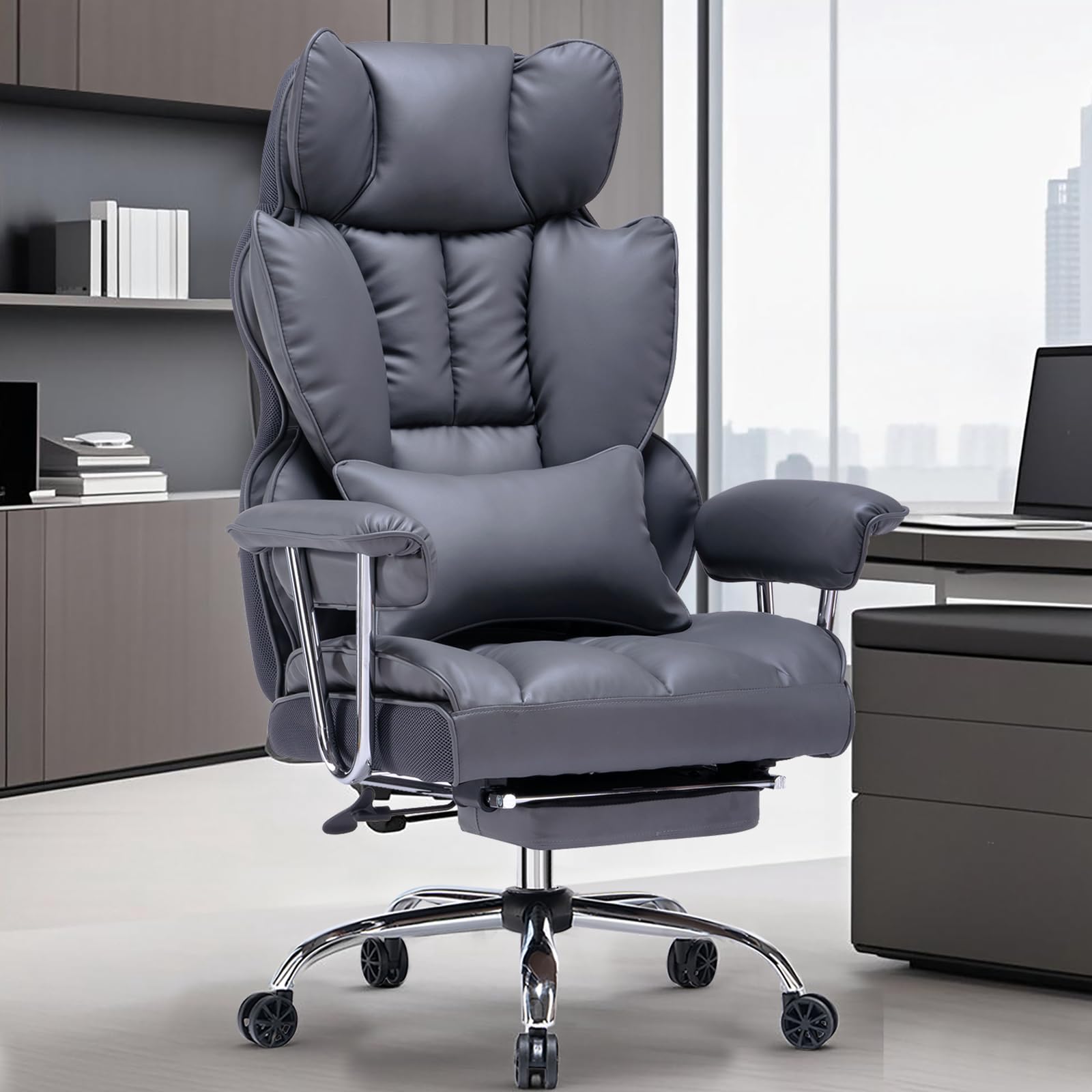 Efomao Big and Tall Office Chair 400lbs – PU Leather Executive Desk Chair with Lumbar Support & Leg Rest, Heavy-Duty Computer Chairs for Home Office, Green