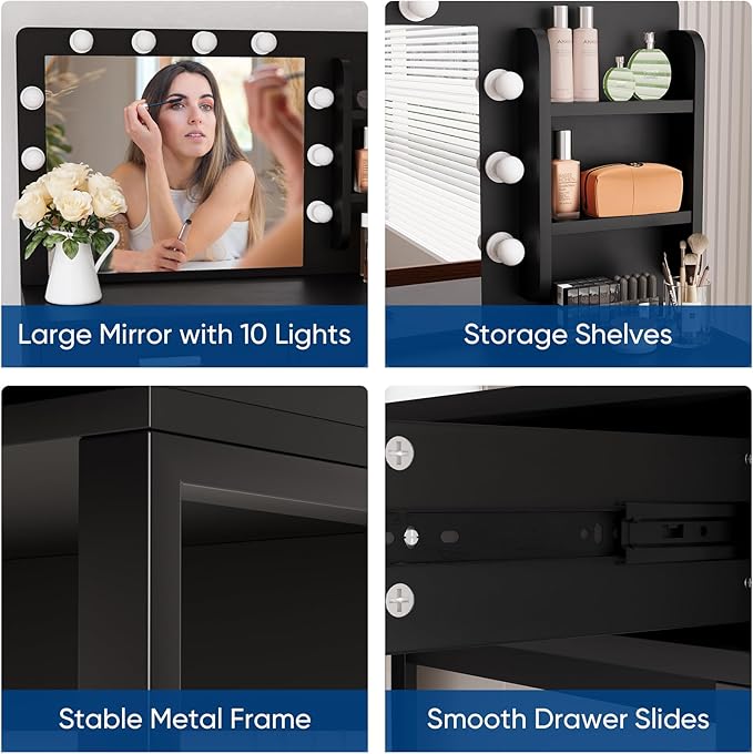 Vanity Desk with Mirror, With Chair and 10 LED Lights, with 2 Big Drawers and Side Shelves for Storage-GCC Home Center