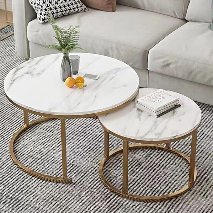 Round Nesting Coffee Table Set of 2 For Living Room - Gold & White-GCC Home Center