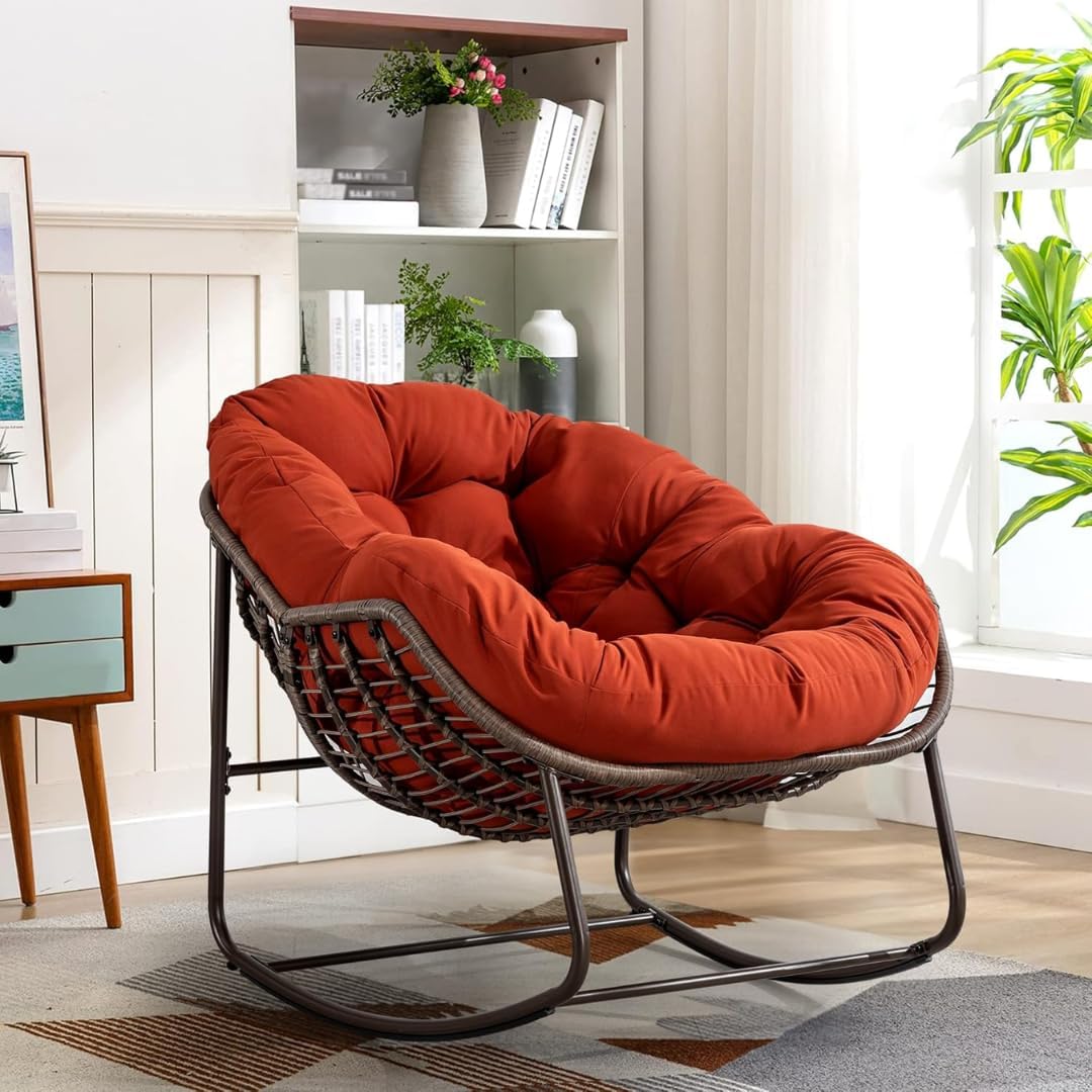 Wooden Twist Large Indoor Outdoor Rocking Chair, Oversized Rocking Papasan Chair with Thick Cushion and Frame Outdoor Rocker, Comfy Wicker Egg Chairs Lounge for Outside Porch Patio (Red)-GCC Home Center