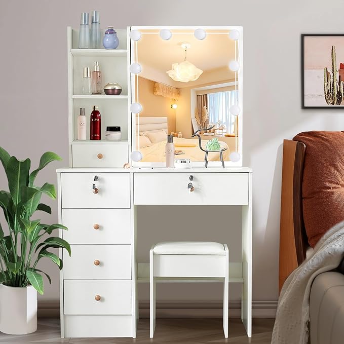 Makeup Vanity Desk with Lighted Mirror, Vanity Table Set with 6 Storage Shelf and 5 Drawers-GCC Home Center