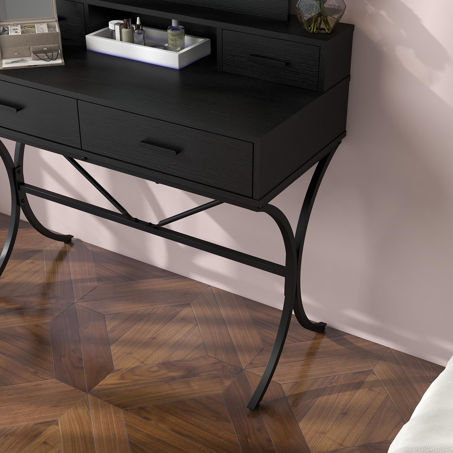 Vanity Table with Lighted Mirror, Modern Makeup Vanity Table with 10 Lights Makeup Desk 4 drawer Storage-GCC Home Center