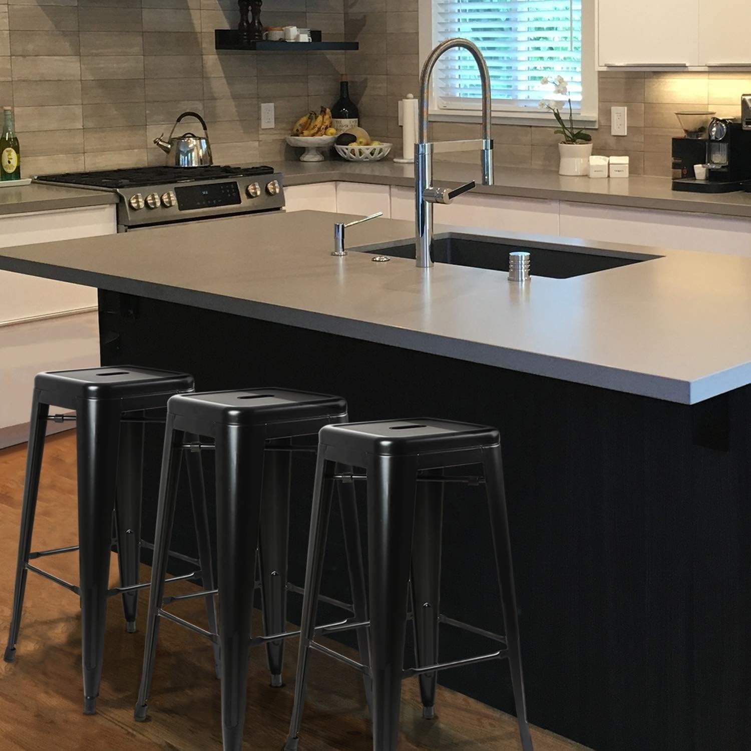 LANNY 76CM Metal Bar Stools High Backless Stools Bar Height Stools Patio Furniture Indoor/Outdoor Stackable Kitchen Stools Dining Chair (Matt Black)-GCC Home Center