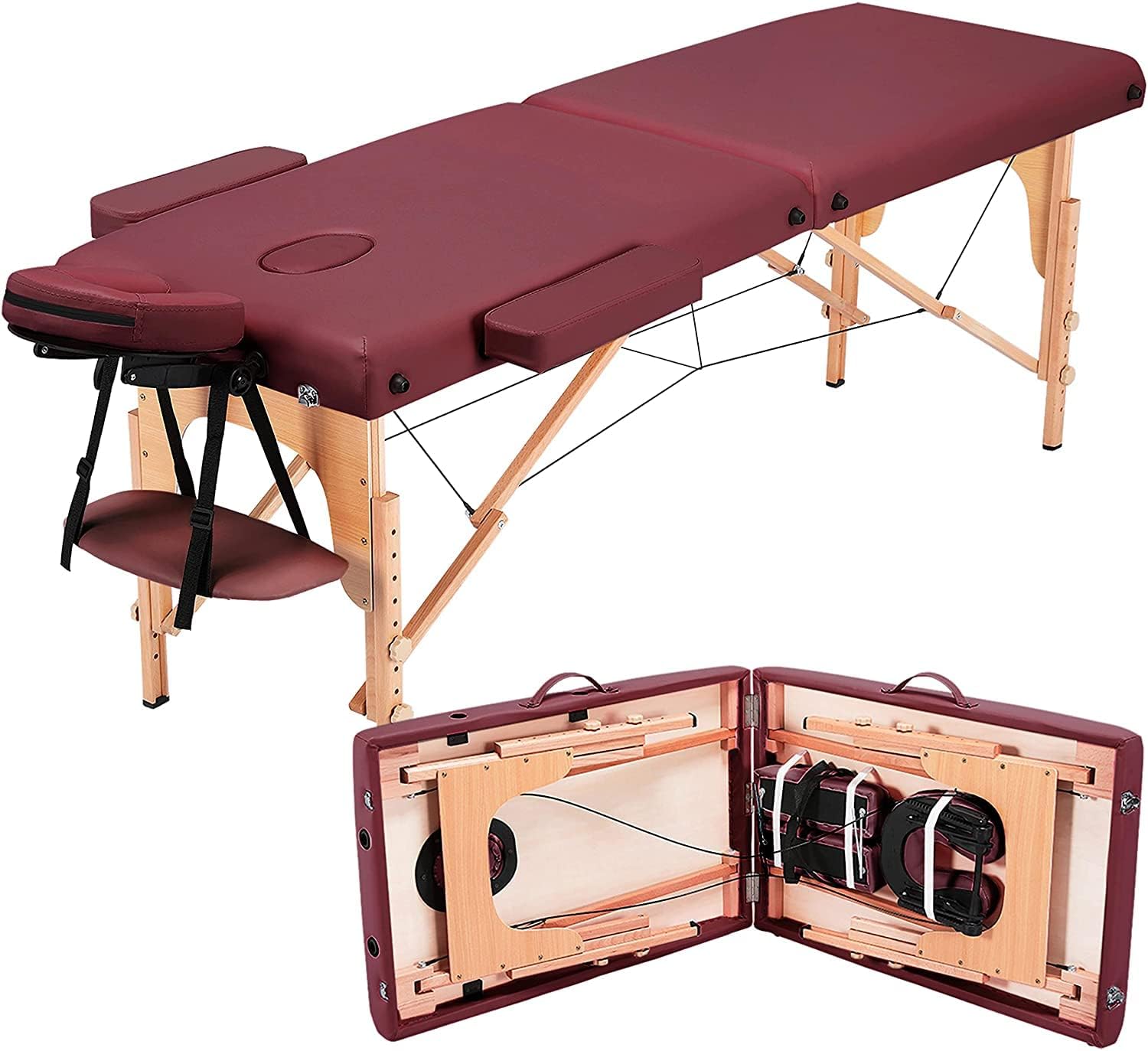 COOLBABY Portable Massage Table Professional Adjustable Folding Bed with 3-part Wooden Frame Ergonomic Headrest and Tote Bag for Therapeutic Tattoo Salon SPA Facial Treatment…