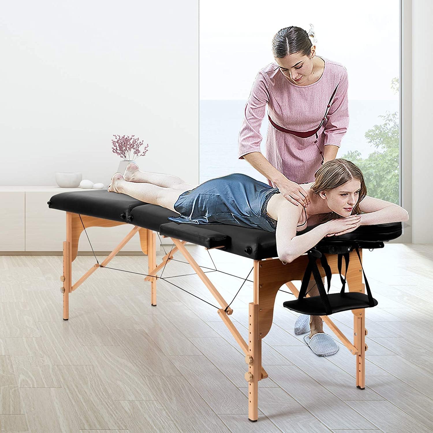 COOLBABY Professional Portable Massage Table Professional Adjustable Folding Bed with 3-part Wooden Frame Ergonomic Headrest and Lash Extension Bed,Facial Cradle Salon Bed (Black) KYBJ-302-SRK21