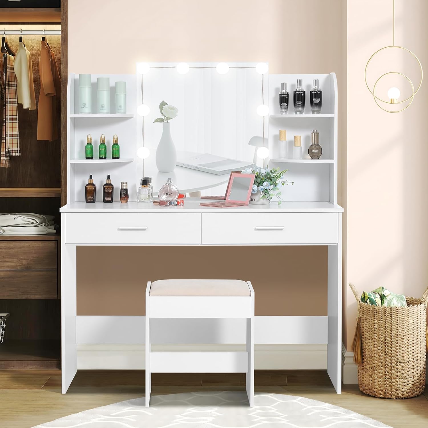 Makeup Vanity with Mirror and 10 LED Lights, Vanity Makeup Table Set with 2 Drawers and Open Shelves-GCC Home Center