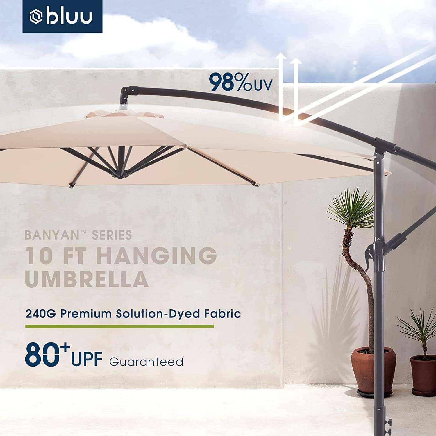 BLUU 10 FT Patio Offset Umbrella Outdoor Cantilever Umbrella Hanging Umbrellas, Fade Resistant Crank & Cross Base
