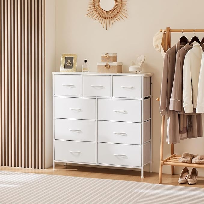 9-Drawer Fabric Storage Dresser – Storage Cabinet for Bedroom or Living Room (White)