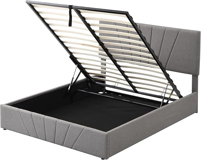 Full Lift Storage Bed with Storage Underneath and Headboard - Grey-GCC Home Center